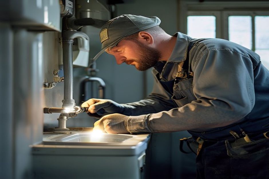 Mr. Plumber technician working on copper pipes