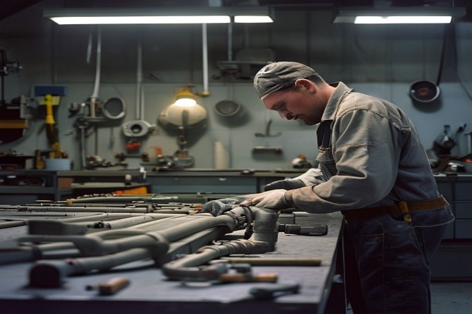 Pipe work and tools in a plumbing workshop